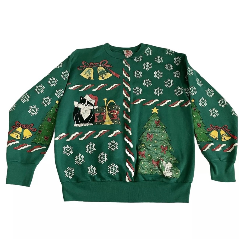 Vintage Ugly Christmas Cat & Mouse Green Sweater Sweatshirt Size Small VTG